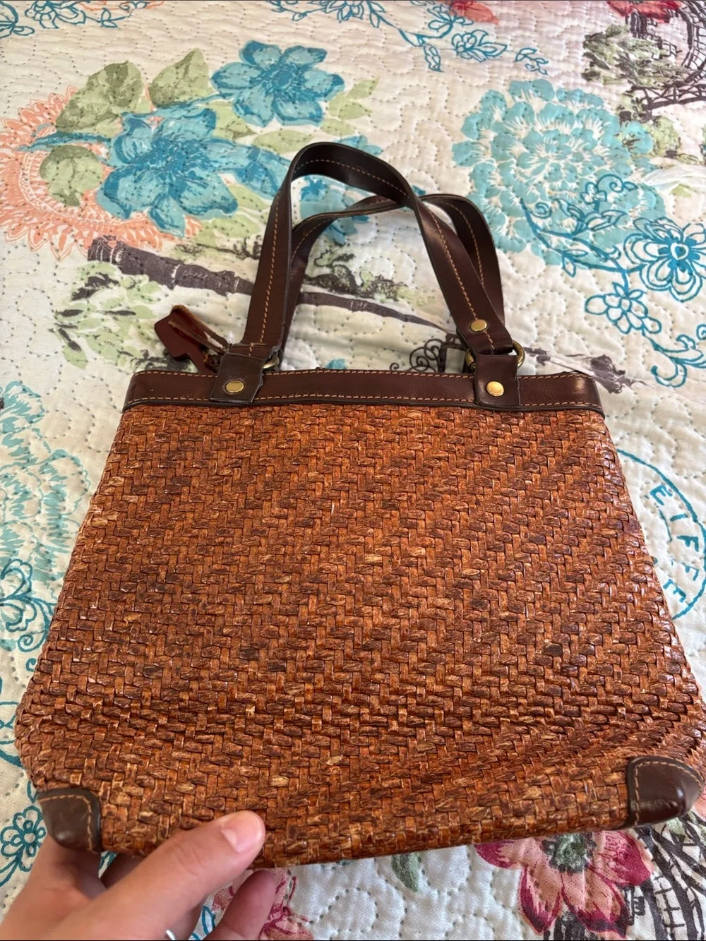 Fossil Brown Woven Tote with Dark Leather Trim